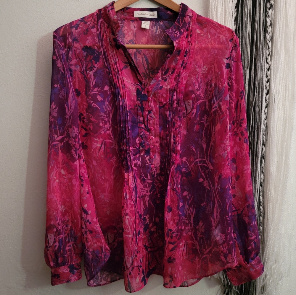 Coldwater Creek Sheer Floral Button Up Shirt